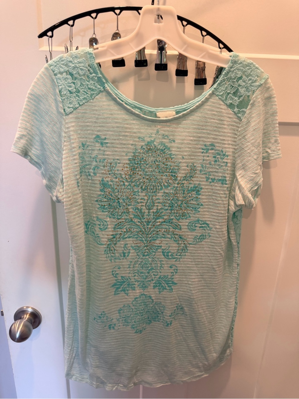 Daytrip XL Aqua Floral Rhinestone Lace Shoulder Y2K Burnout Top
